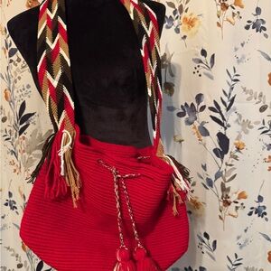 Red Woven Shoulder Bucket Boho  Bag 11” by 7.5”